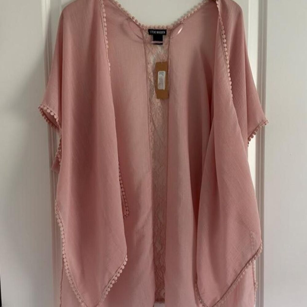 Steve Madden Blush Pink Open Front Kimono with Lace and Pom-Pom Trim